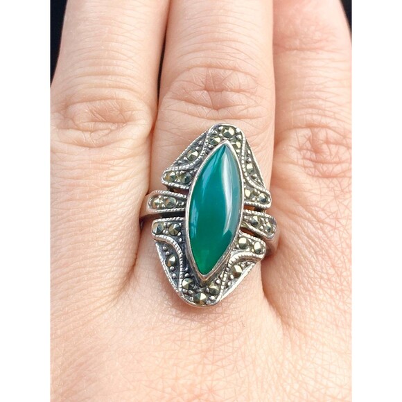Vintage sterling silver green onyx marcasite Ring - Picture 2 of 7